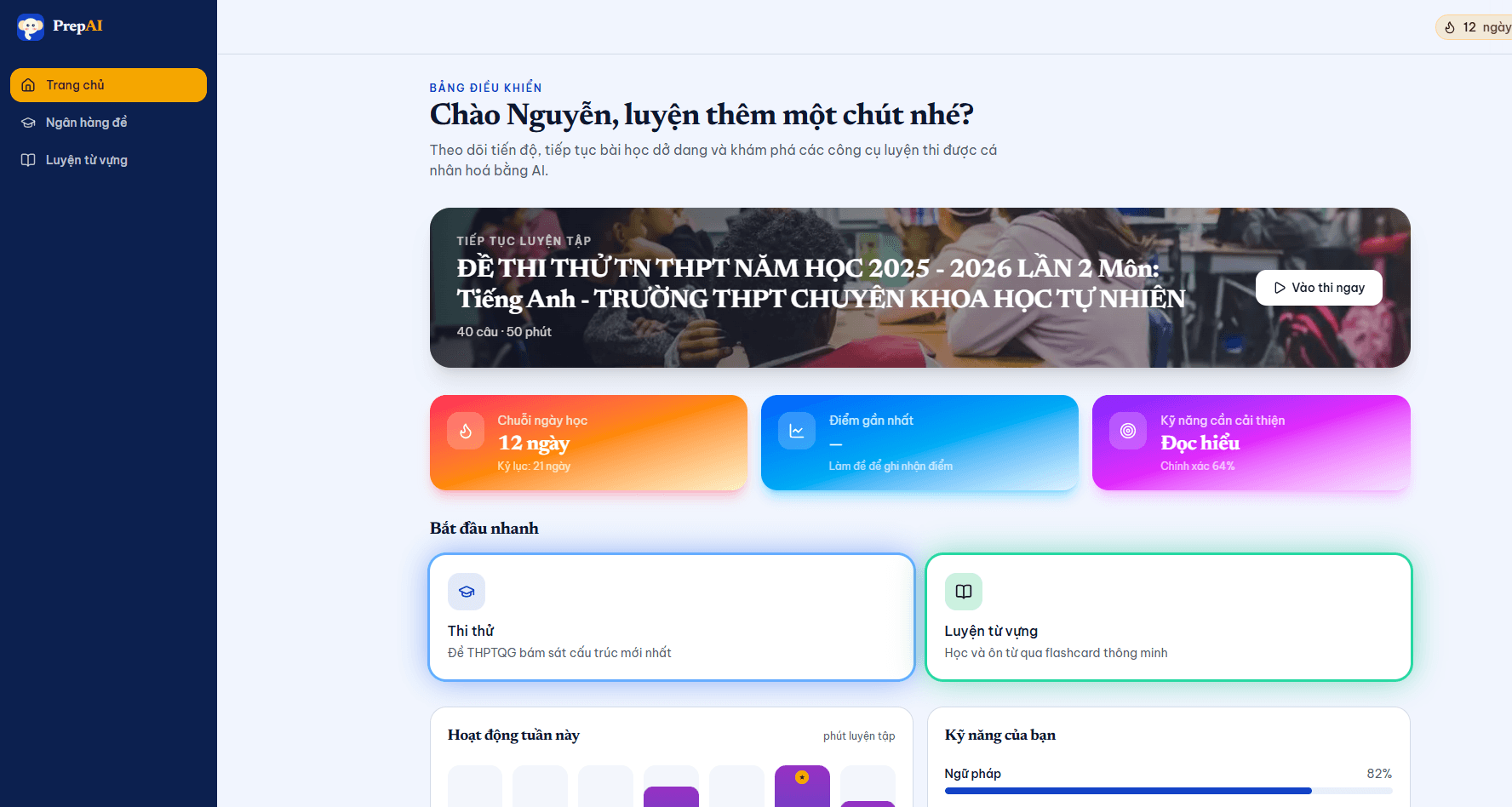 Dashboard KiboEdu: lời chào, đề đang làm dở và chuỗi ngày học.